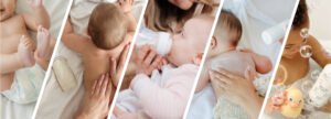 Baby care collage showing diapering, feeding, and bath time – Leather and Kid