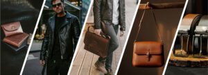Men's leather accessories collage: wallet, jacket, bag, belts – Leather and Kid