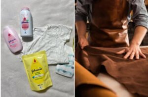 Split image of Johnson's baby products and leather being handcrafted – Leather and Kid