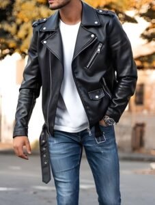 Man wearing black leather biker jacket with belted waist – Leather and Kid