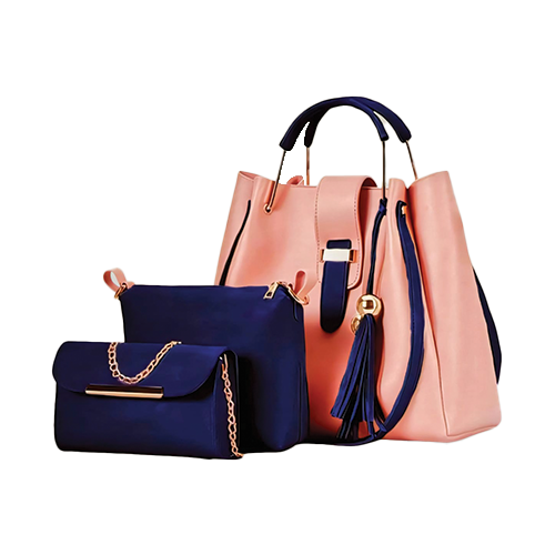 Women's 3-piece handbag set in pink and navy blue with tassel detail by Leather and Kids