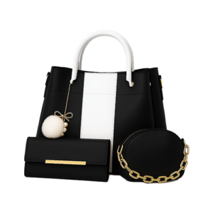 Leather and Kids black and white leather handbag set with wallet and round chain bag