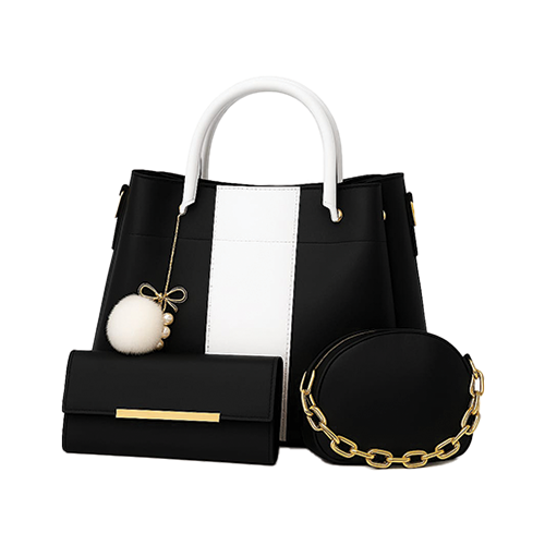Women's Black & White Leather Handbag Set – 3 Piece Combo | Leather and Kids Leather and Kids black and white leather handbag set with wallet and round chain bag