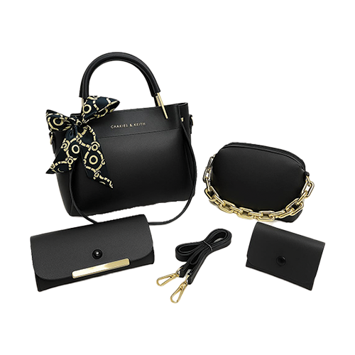 Leather and Kids black leather handbag set with wallet card holder and crossbody strap