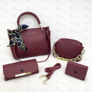 4-piece maroon handbag set with scarf bow and chain crossbody – Leather and Kid