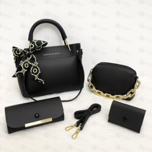 4-piece black handbag set with scarf bow and chain crossbody – Leather and Kid