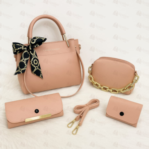 4-piece blush pink handbag set with scarf bow and chain crossbody – Leather and Kid
