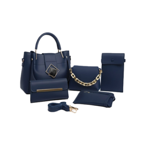 Women's 5-piece navy blue handbag set with tote, sling bag, clutch, and pouch by Leather and Kids