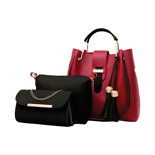 Leather and Kids red and black leather handbag set with drawstring tote and chain crossbody bags