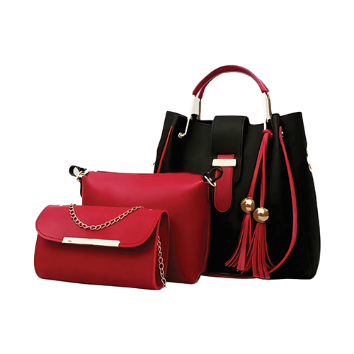 Leather and Kids black and red leather handbag set with drawstring tote and chain crossbody bags