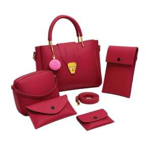 Leather and Kids red leather handbag set with pink pom-pom charm phone pouch and card holder