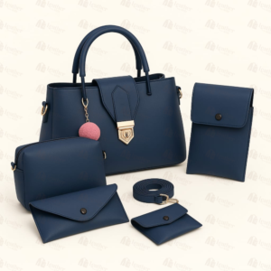 5-piece navy blue handbag set with pom pom charm – Leather and Kid