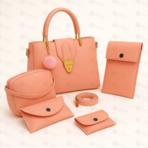 5-piece peach handbag set with gold lock flap – Leather and Kid
