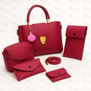 5-piece red handbag set with gold lock flap – Leather and Kid
