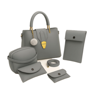 Leather and Kids grey leather handbag set with pom-pom charm phone pouch and card holder