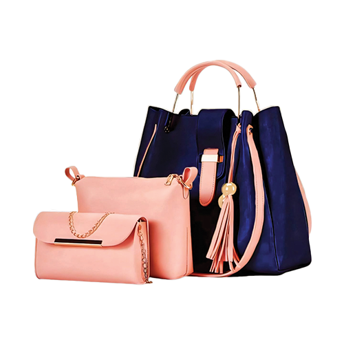 Leather and Kids navy and pink leather handbag set with drawstring tote and chain crossbody bags