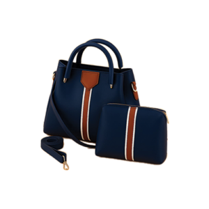 Leather and Kids navy blue leather tote bag set with brown stripe and matching pouch