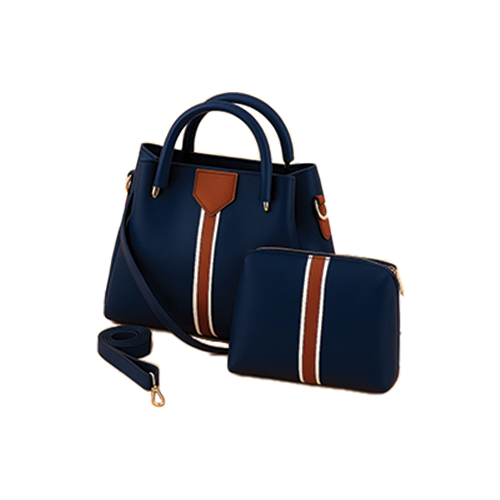 Leather and Kids navy blue leather tote bag set with brown stripe and matching pouch