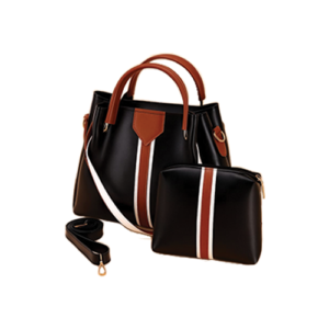 Leather and Kids black leather tote bag set with brown stripe and matching pouch