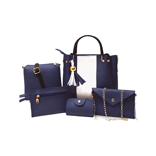 Women's 5-piece navy blue and white handbag set with tote, sling bag, and clutch by Leather and Kids