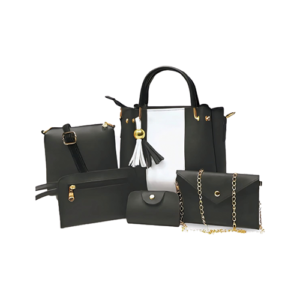 Women's 5-piece black and white handbag set with tote, sling bag, and clutch by Leather and Kids