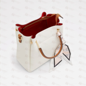 White leather handbag with red interior and tan handle – Leather and Kid