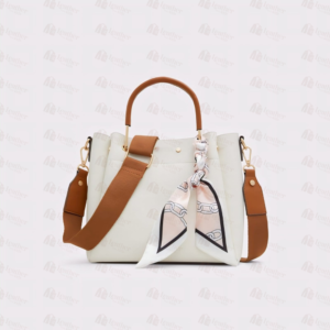 White bucket-style handbag with tan leather handle – Leather and Kid