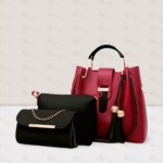 Trendy 3 Pcs Ladies Purse Set – Black & Red Handbag Set