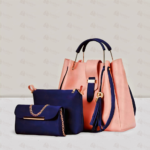 Trendy 3 Pcs Ladies Purse Set – Peach & Navy Handbag Set
