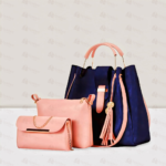 Trendy 3 Pcs Ladies Purse Set – Navy & Peach Handbag Set