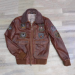 Men's Brown Leather Flight Jacket with Patches