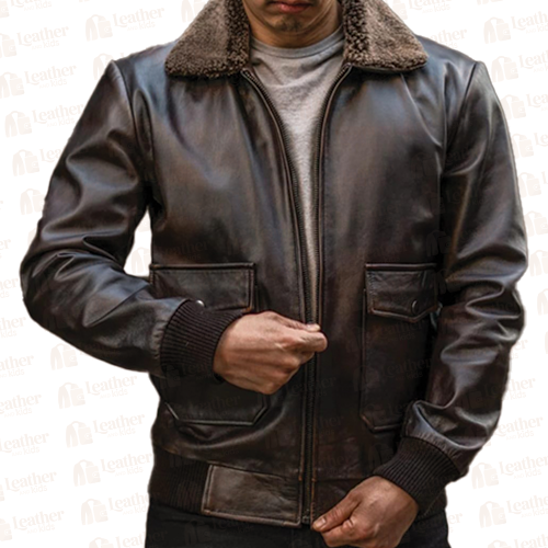 Men's Brown Leather Bomber Jacket with Fur Collar