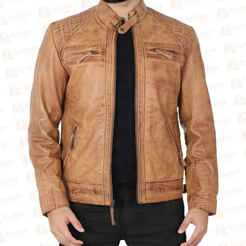 Men's Tan Distressed Leather Biker Jacket