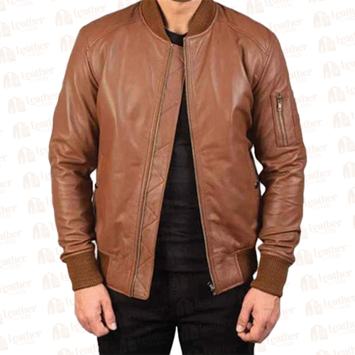 Men's Brown Leather Bomber Jacket