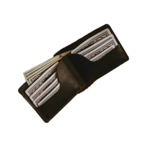 Open Black Leather Bifold Wallet with Cash Compartment showing folded bills and multiple card slots.