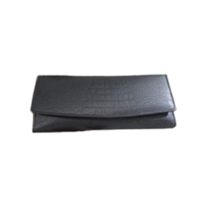 Black Leather Clutch Wallet with a fold-over flap design and textured leather finish, shown closed.