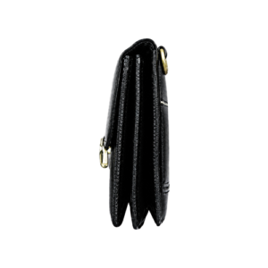 Side profile view of the Black Leather Crossbody Bag with Buckle Closure showing its side depth and gusseted panel.
