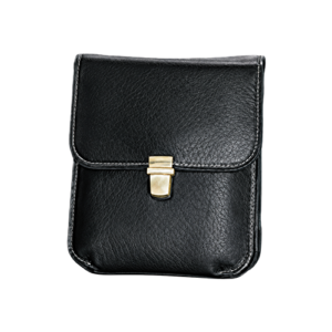 Black Leather Crossbody Bag with Buckle Closure featuring a gold-tone buckle closure and stitched edge detail.