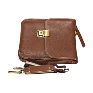 Brown Leather Flap Pouch with Push-Lock Closure shown as a brown leather crossbody bag with strap attached.