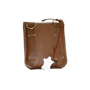 Side profile view of the Brown Leather Flap Pouch with Push-Lock Closure showing leather bag D-ring strap hardware and gusseted panel.