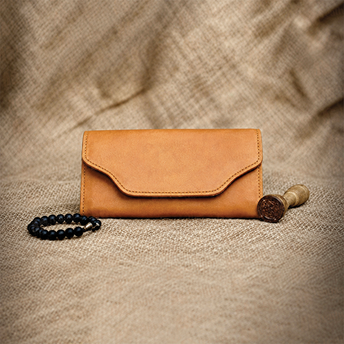 Image (1) Tan Leather Envelope Wallet with Beaded Wristlet - Image 1