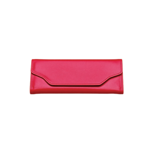 Magenta Leather Envelope Wallet with Beaded Wristlet featuring a glossy patent finish and pointed flap closure, shown closed.