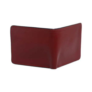 Closed Maroon Leather Bifold Wallet standing upright, showing the closed maroon leather wallet fold and center crease.