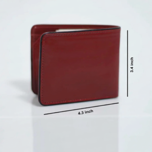 Maroon Leather Bifold Wallet standing upright with product size measurements marked at 4.3 by 3.4 inches.