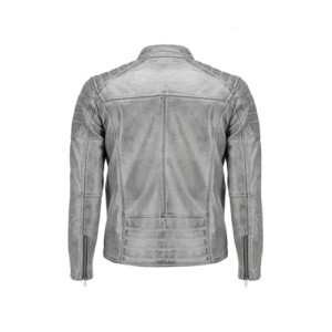 Back view of the Men Ash Grey Leather Snap Collar Jacket showing a grey leather jacket back panel with center seam stitching.