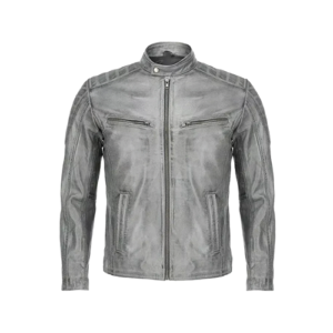 Men Ash Grey Leather Snap Collar Jacket featuring a weathered ash-grey finish and snap-button stand collar.