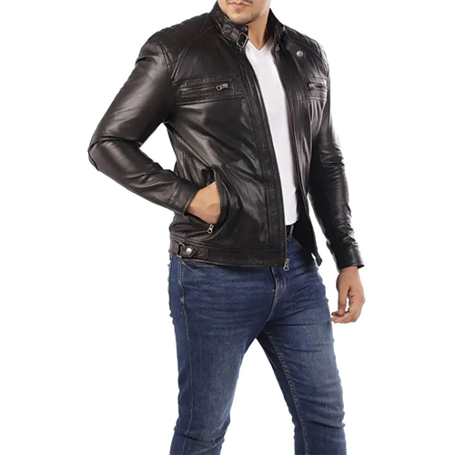 Men Black Leather Jacket with Buckle Collar