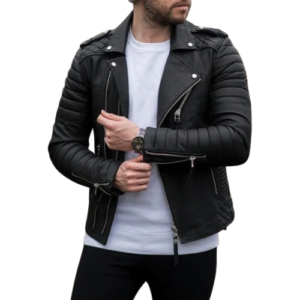 Man wearing black leather biker jacket with quilted sleeves and epaulette shoulders by Leather and Kids