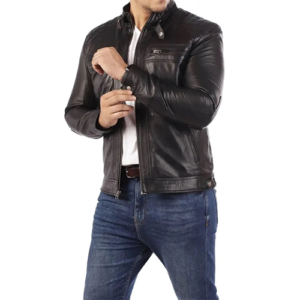 Close-up of the Men Black Leather Jacket with Buckle Collar showing a leather jacket buckle collar close-up and snap cuff detail.