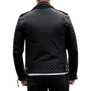 Back view of the Men Black Leather Biker Jacket showing leather biker jacket back waist straps and a quilted diamond panel.